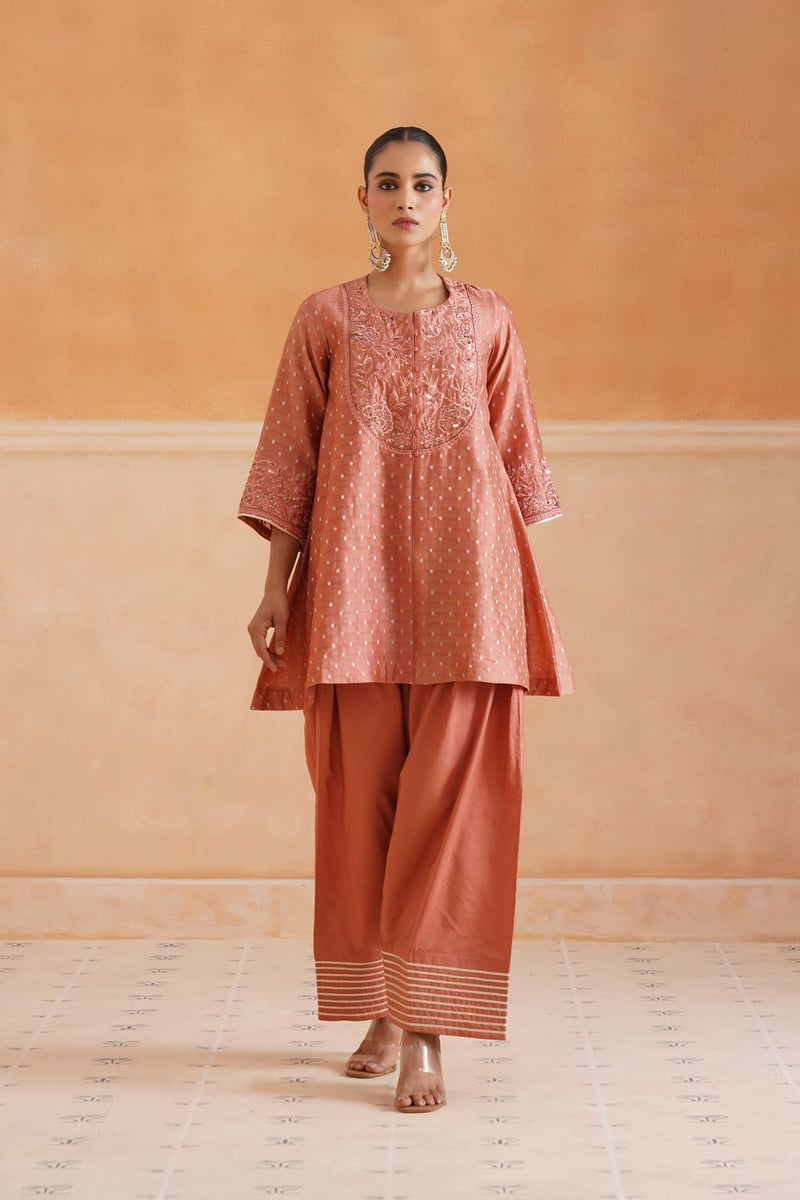 Peach Blush Embroidered Chanderi Kurta Set with Dupatta