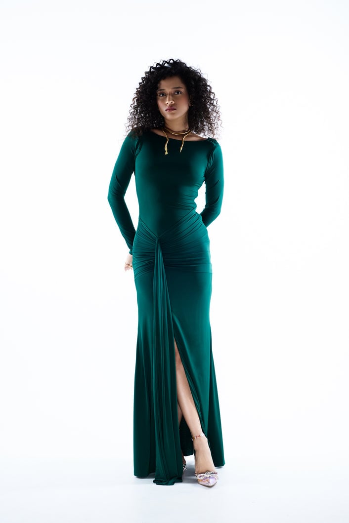 Green Lycra Bodycon Maxi Dress with Ruched Knot and Slit
