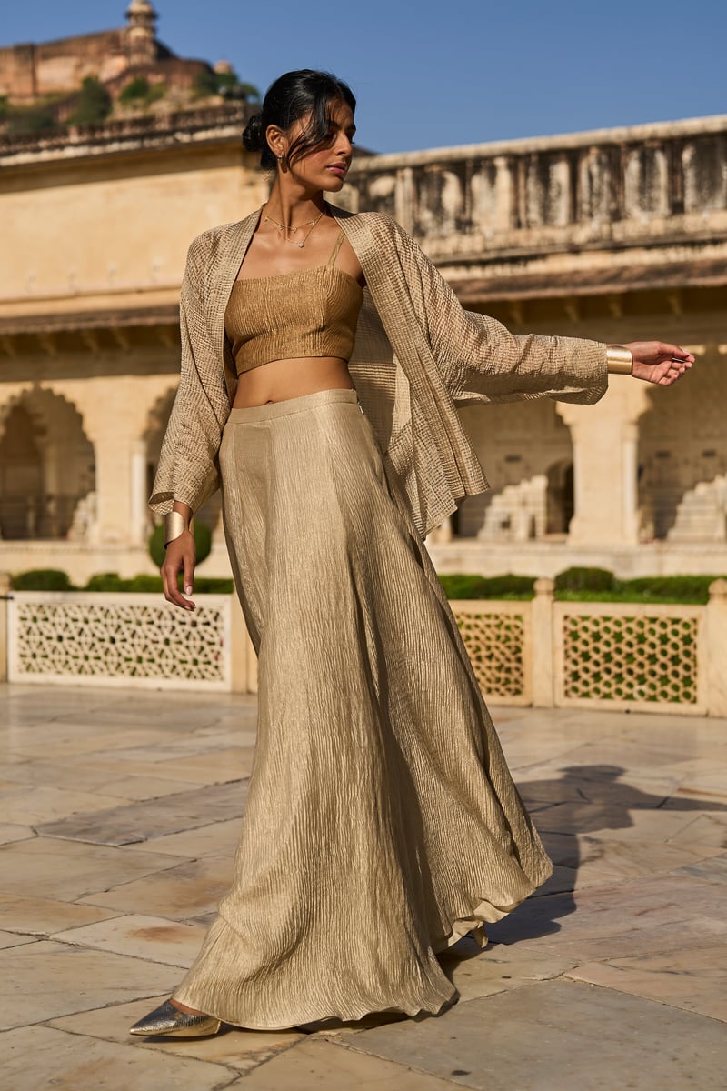 Gold Metallic Tissue Shrug with Draped Lapel Collar