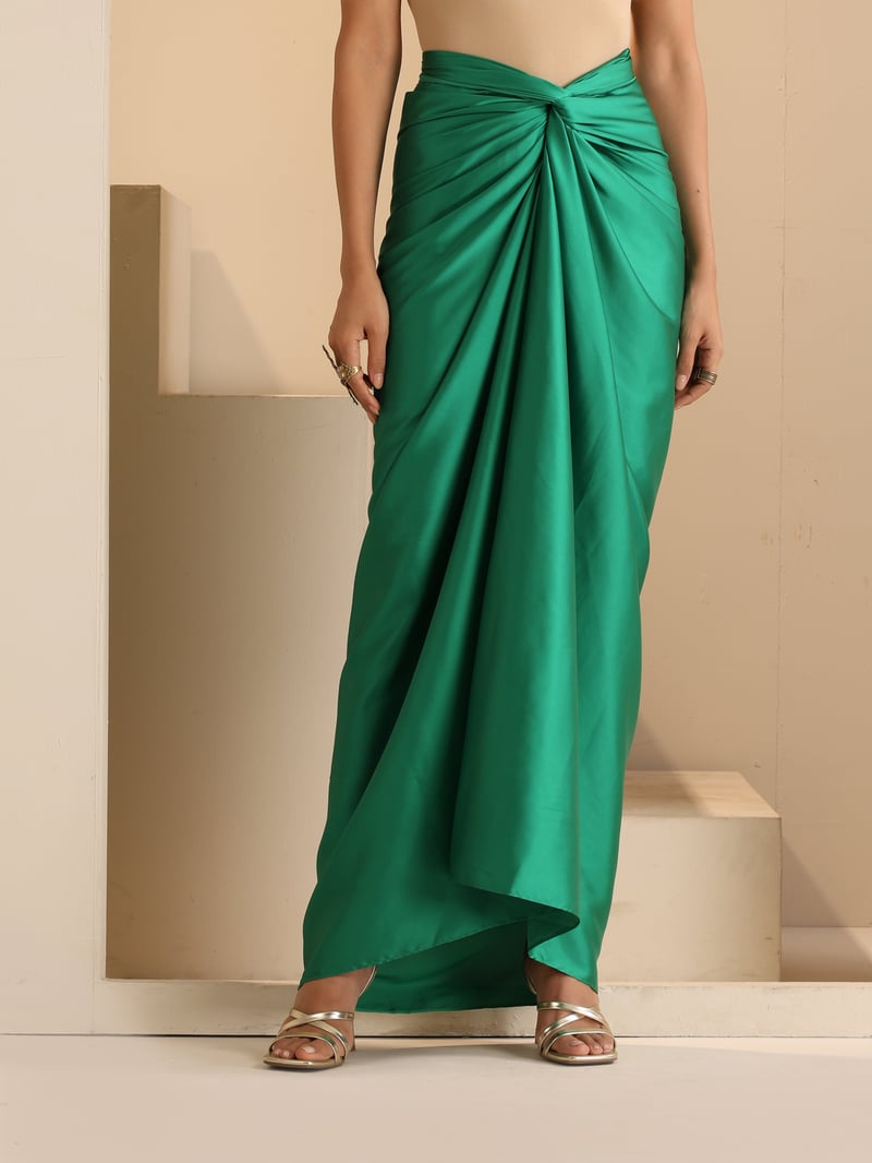 Green Satin Shirt and Wrap Dhoti Skirt Co-ord Set