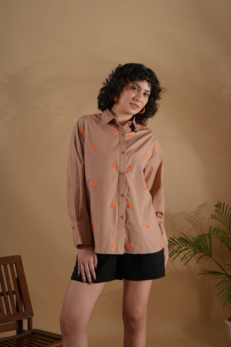 Coffee Oversized Embroidered Heart Shirt