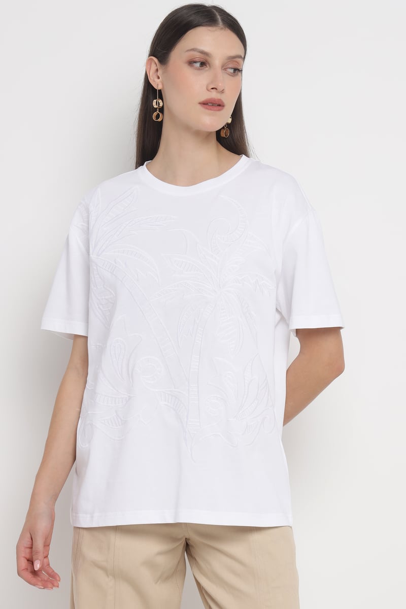 White Cotton Jersey T-Shirt with Tonal Embroidery