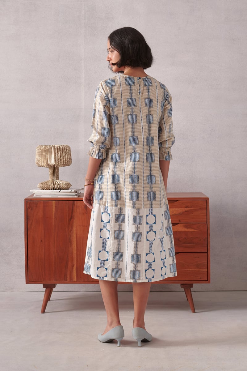 Beige/White Striped Geometric Pintuck Midi Dress