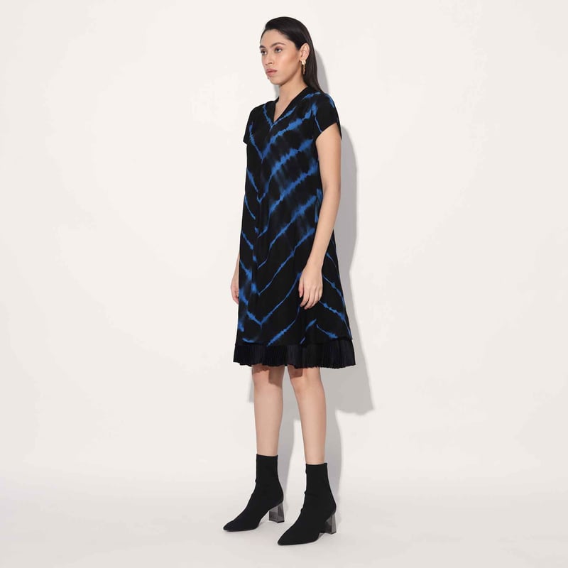 Black/Blue Shibori Tie-Dye A-Line Knee-Length Dress