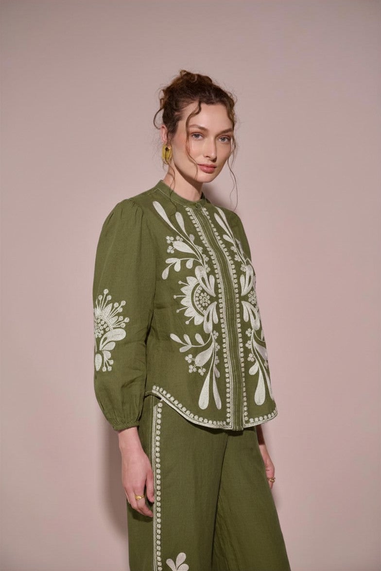 Green Linen Embroidered Mandarin Collar Blouse