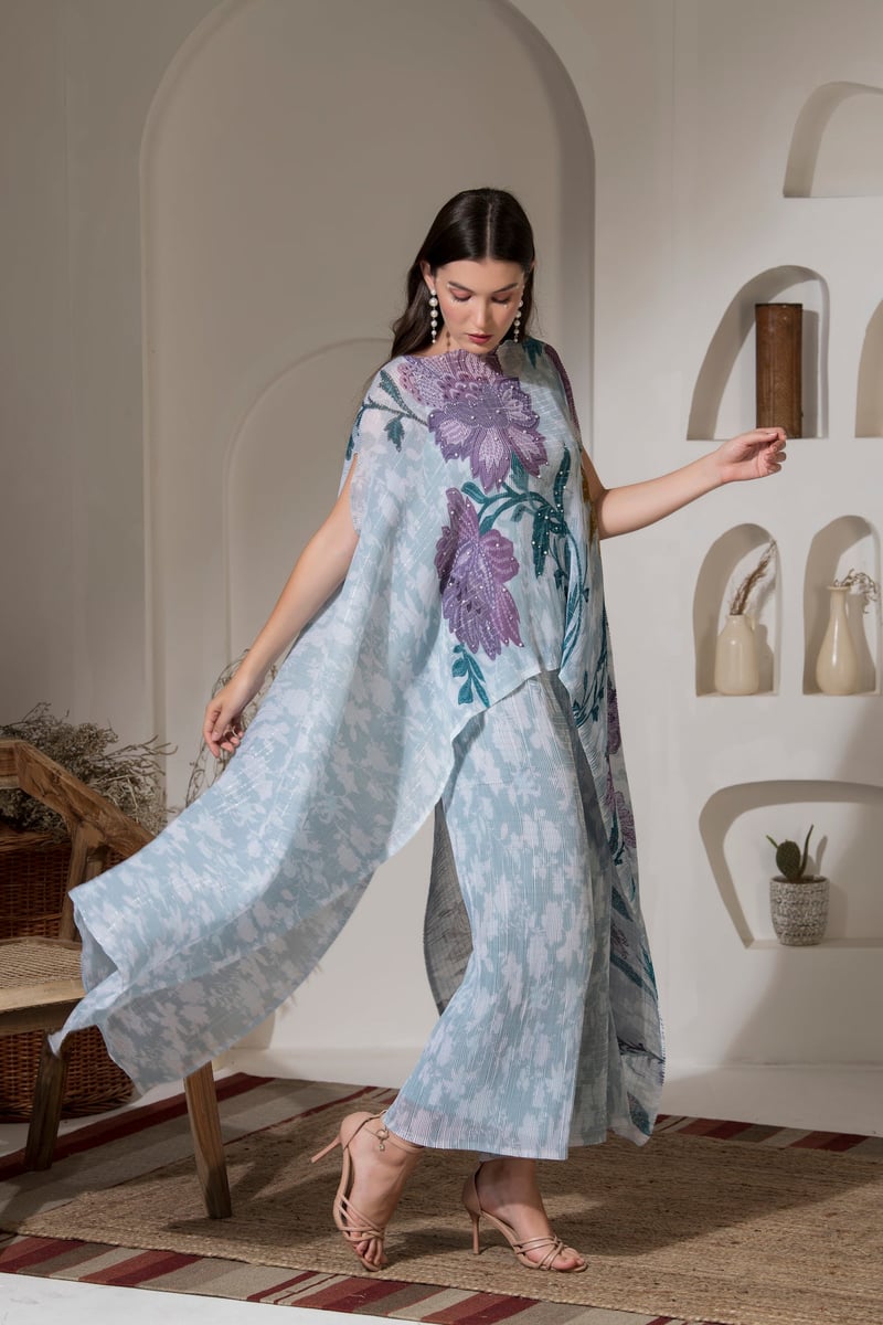 Blue Floral Kaftan and Wide-Leg Pant Co-ord Set