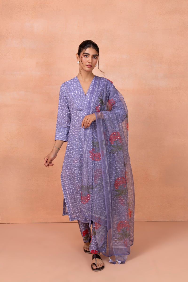 Purple Printed Cotton Kurta Set with Dupatta