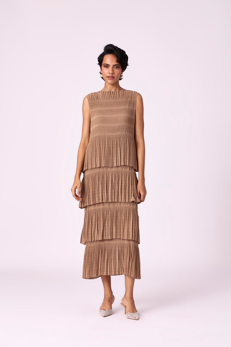 Taupe Tiered Pleated Chiffon Maxi Dress — Scarlet Sage