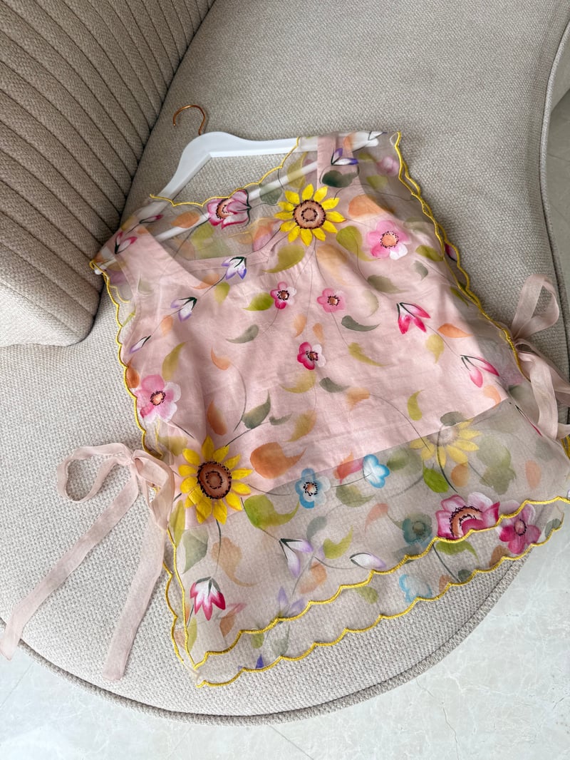Blush Pink Hand-Painted Organza Bib Top with Side Ties
