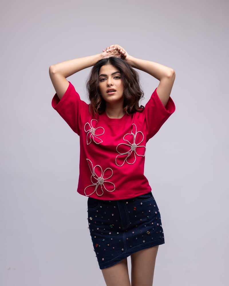 Raspberry Pink Backless Rhinestone Floral T-Shirt — MAGIA