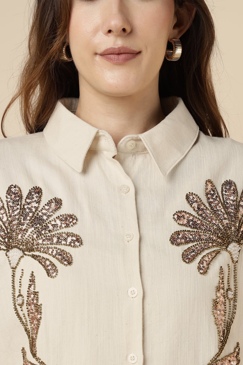Natural Beige Embellished Longline Cotton Shirt