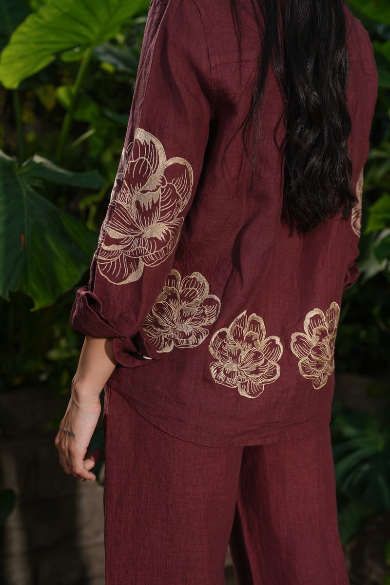 Rosewood Linen Embroidered Button-Down Shirt