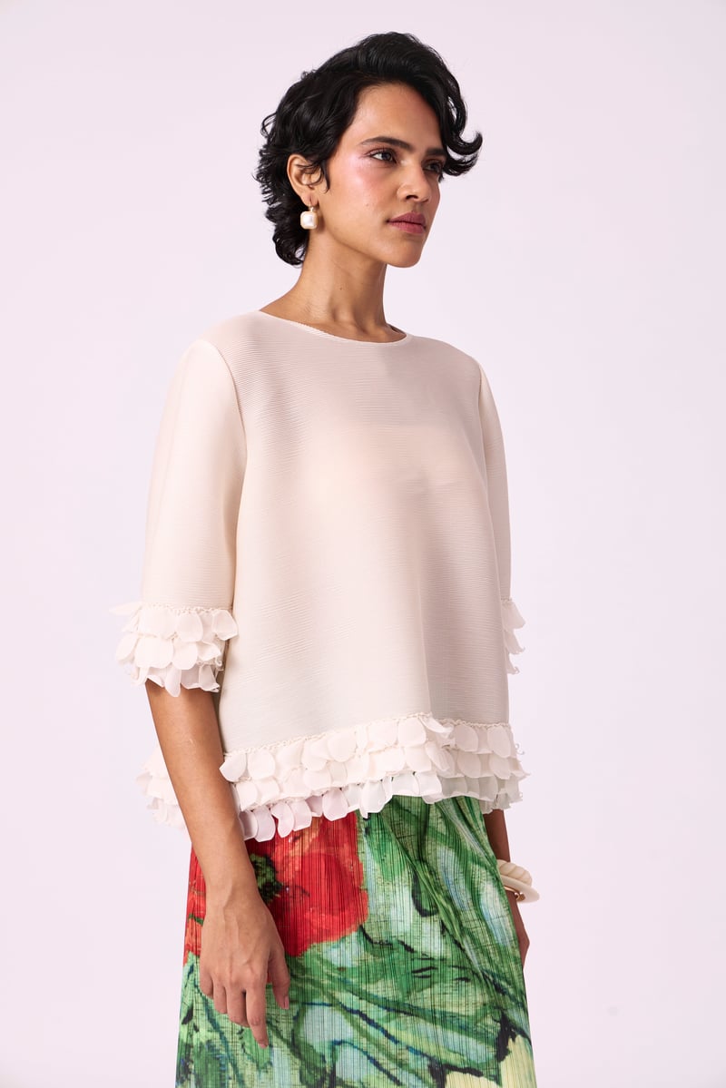Ivory Pleated A-Line Top with Organza Scallop Hem