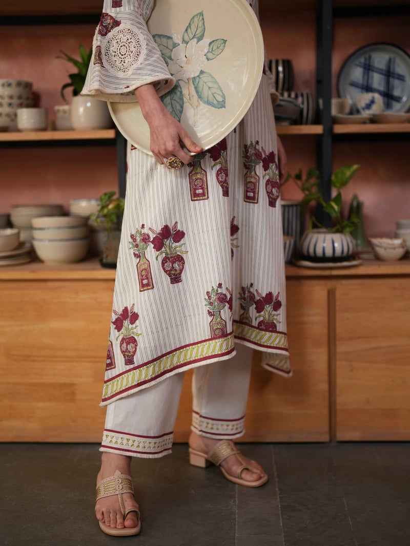 Multicolor Asymmetrical V-Neck Printed Cotton Kurta Set