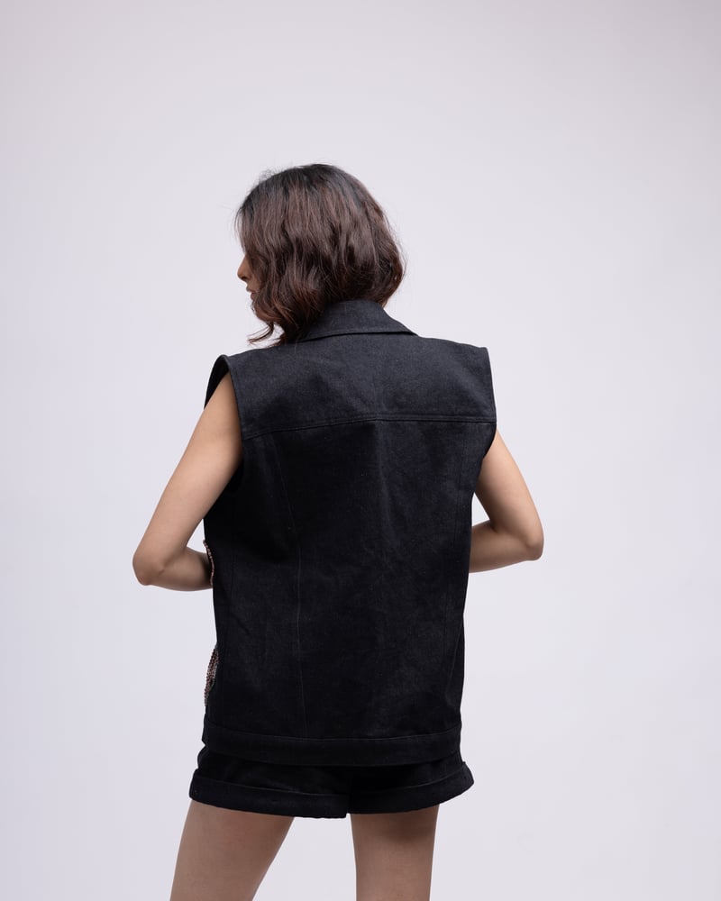 Black Oversized Sleeveless Denim Waistcoat with Embellished Hearts