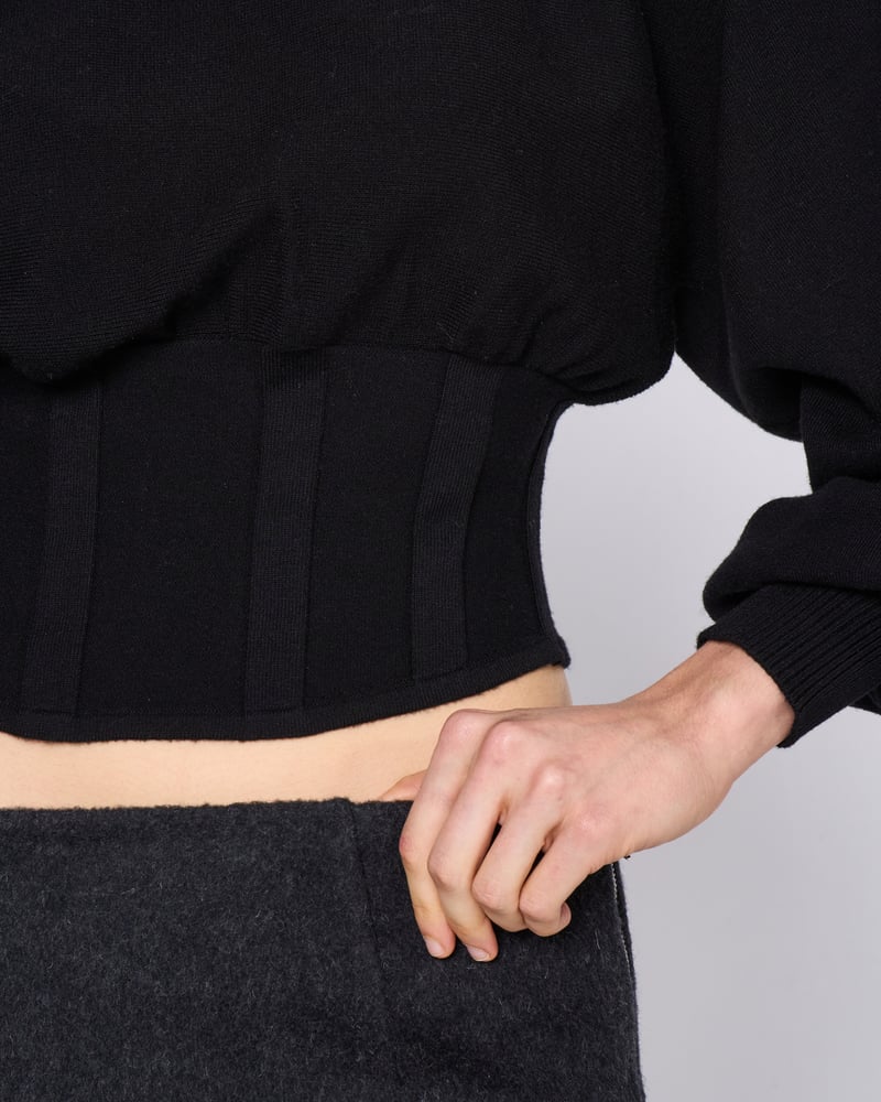 Black Cropped Puff Sleeve Sweater with Waist Panel