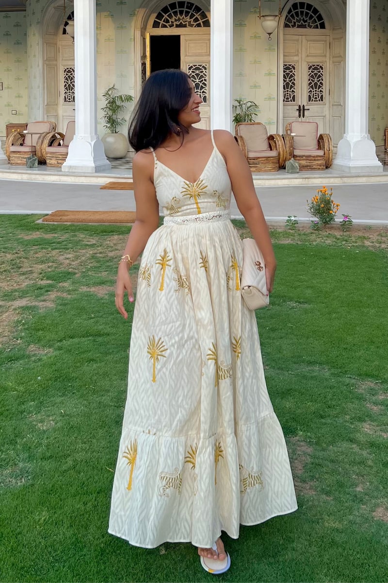 Off-White Printed Tiered Maxi Dress with Crochet Waist