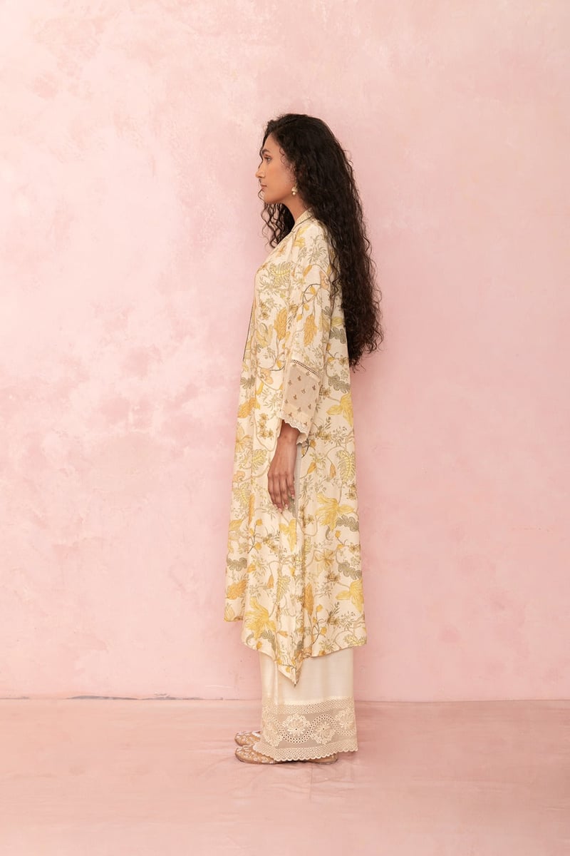 Soft Yellow Floral Kurta and Straight Pants Set