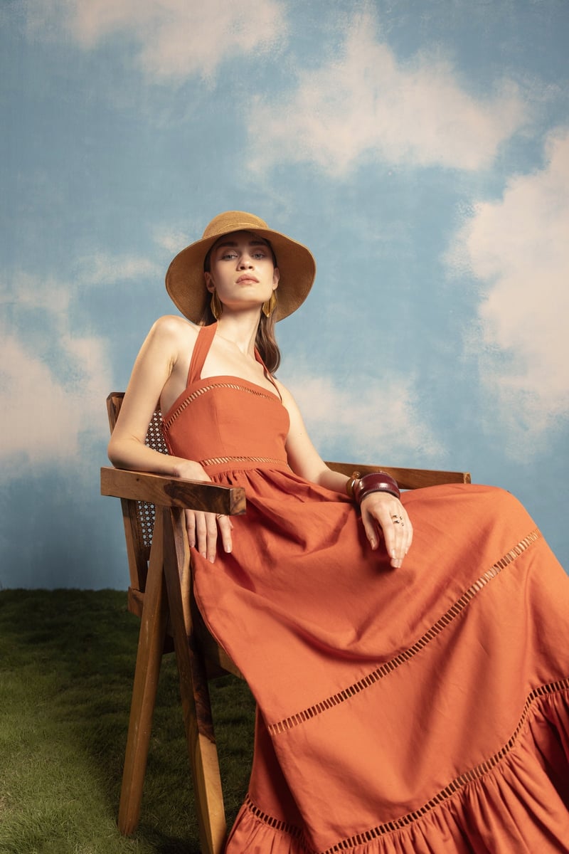 Rust Square Halter Tiered Midi Dress