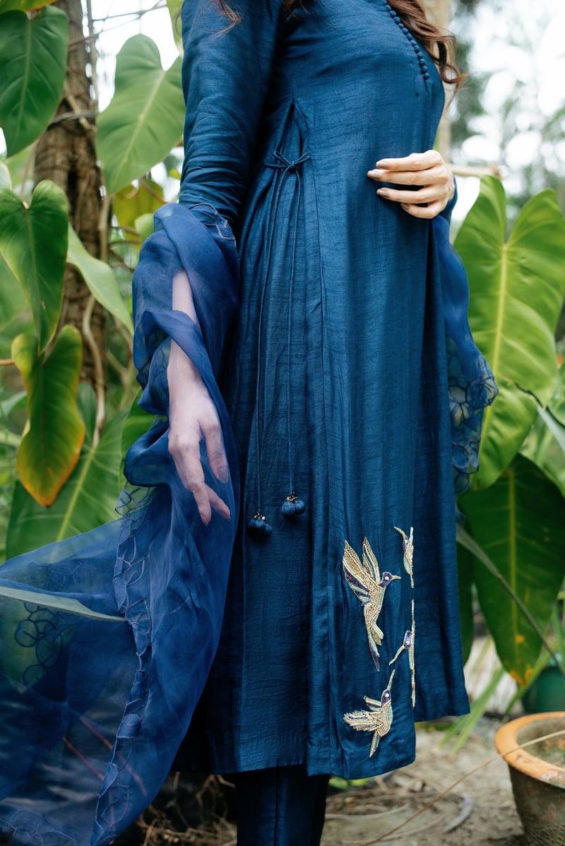 Blue Straight Kurta Set with Embroidery, Pants and Dupatta