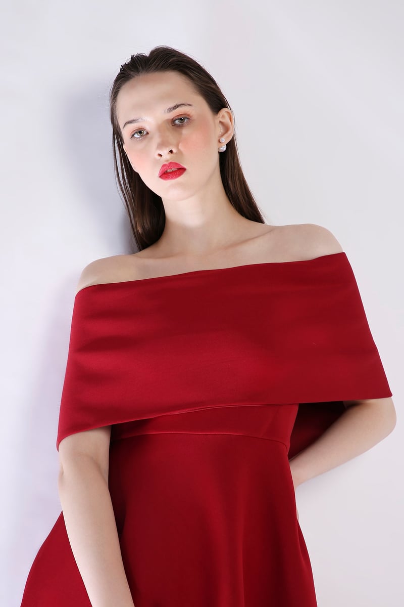 Deep Red Off-Shoulder Cape Wrap