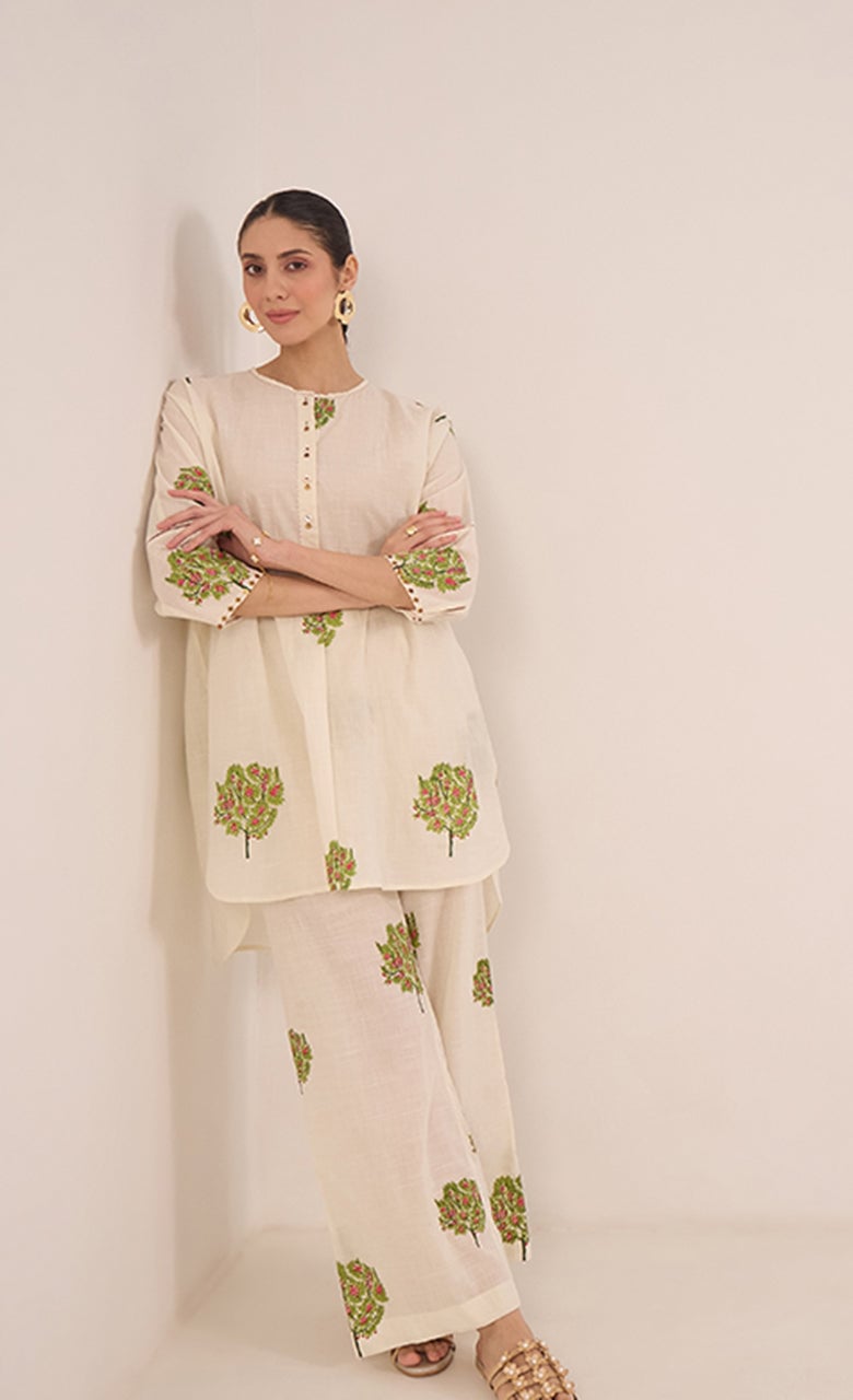 Ivory Cotton Printed Tunic and Wide-Leg Pants Co-ord Set