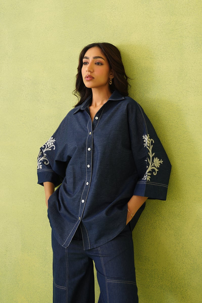 Denim Blue Embroidered Shirt and Wide-Leg Co-ord Set