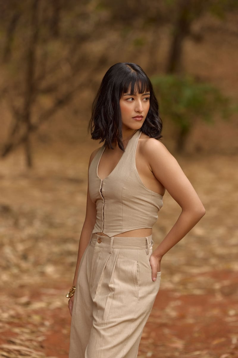 Beige Halter Neck Slim Fit Waistcoat