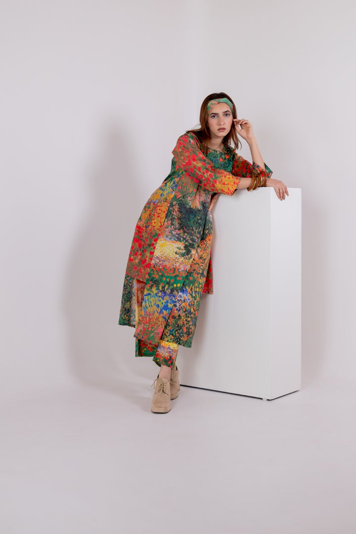 Multicolor Scenic Print Cambric Cotton Kurta Set