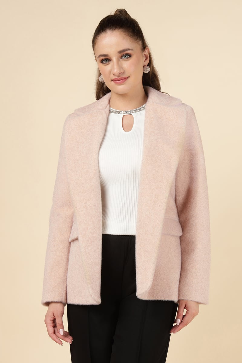 Light Pink Tailored Open-Front Blazer with Patch Pockets