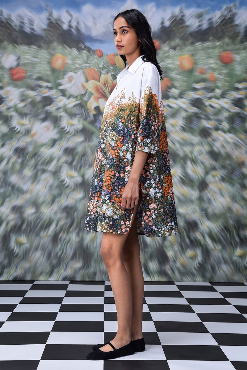 Meadow Print Relaxed Fit Cotton Poplin Shirt Dress