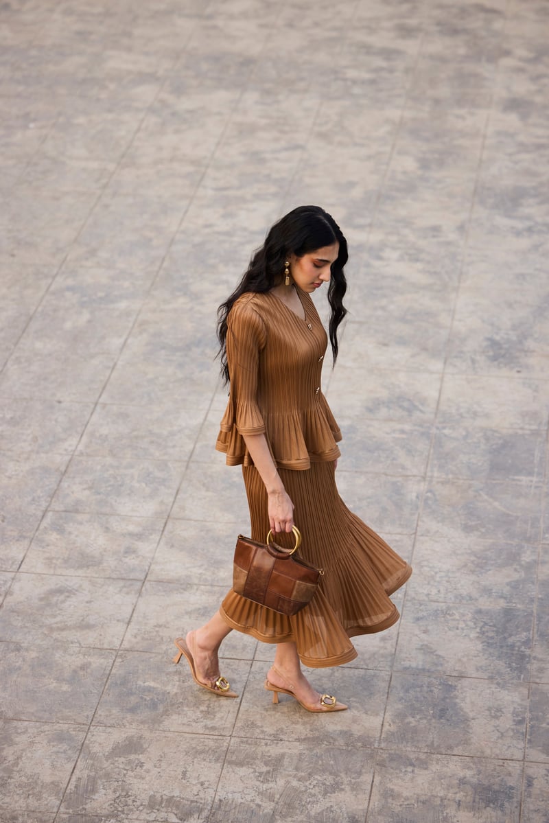 Mocha Pleated Top and Midi Skirt Co-ord Set