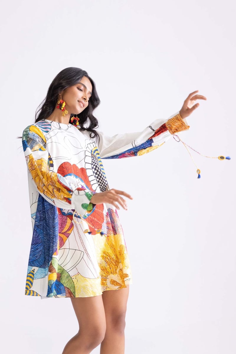 Ivory/Multi Tribal Print Shift Mini Dress with Bell Sleeves
