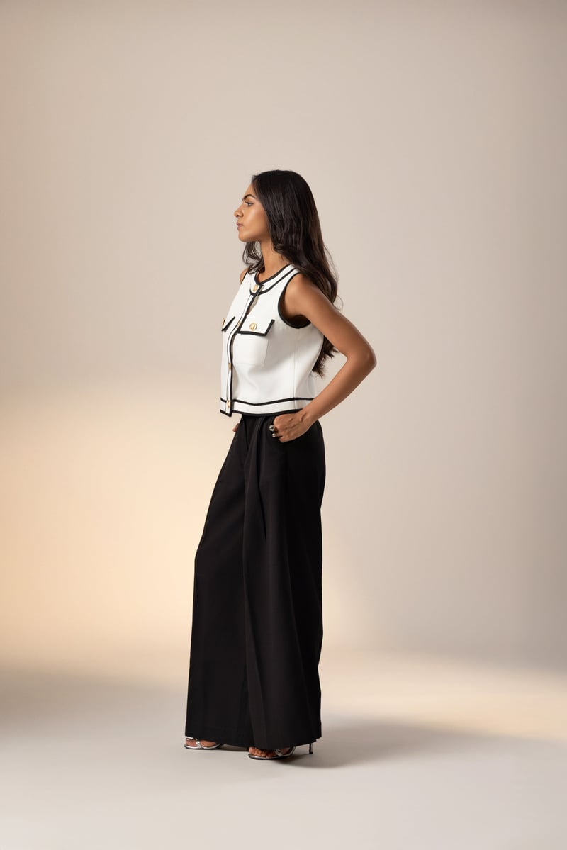 White Crepe Sleeveless A-Line Top with Contrast Piping