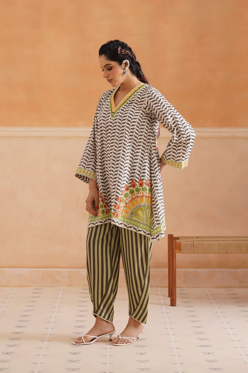 Green Chevron Print Kurta Set with Dupatta