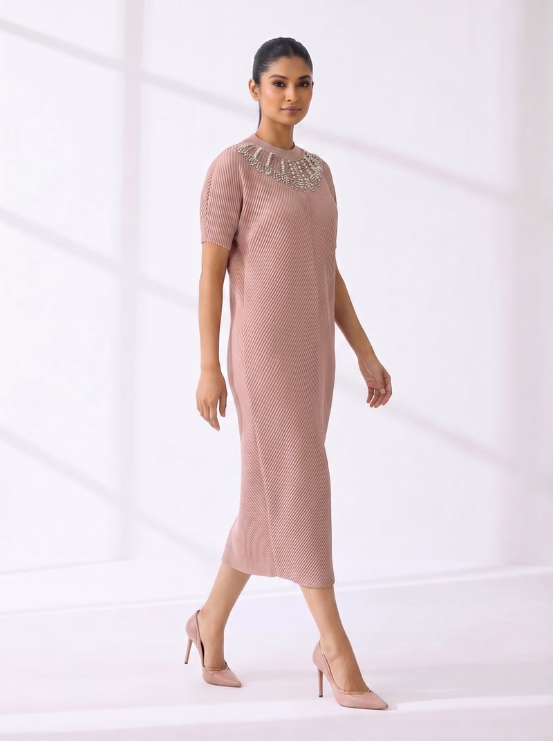 Nude Embellished Neckline Pleated Midi Dress