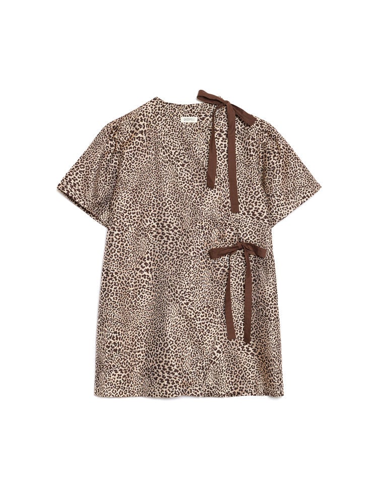 Tan Leopard Jacquard Wrap Mini Dress with Tie-Up Details