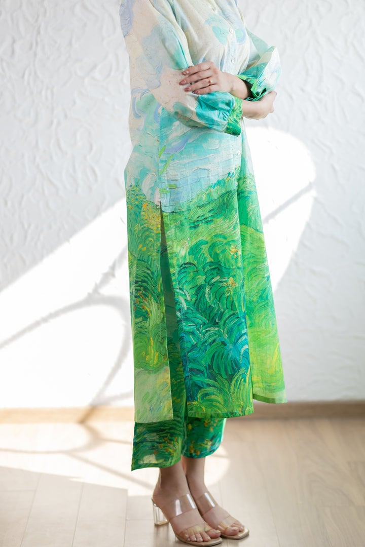 Multicolor Printed Button-Down Kurta Set with Pants