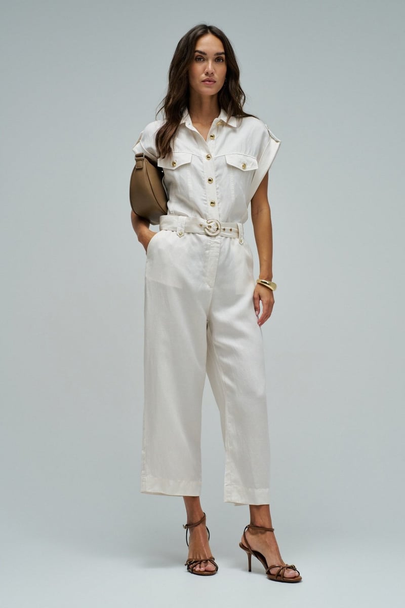 Light Beige Belted Shirt Jumpsuit with Button Front