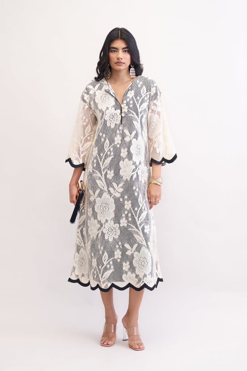 Ivory Cotton Lace Midi Kaftan Dress with Black Trim