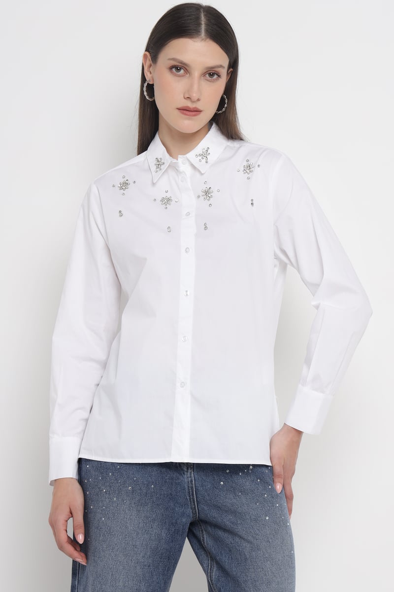 White Embellished Button-Down Cotton Shirt