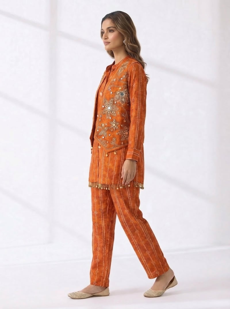 Orange Striped Kurta, Pants and Jacket 3-Piece Co-ord Set
