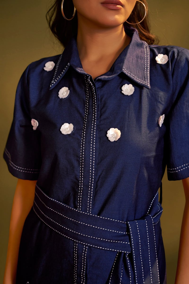 Blue Denim Belted Shirt Midi Dress with Contrast Stitching