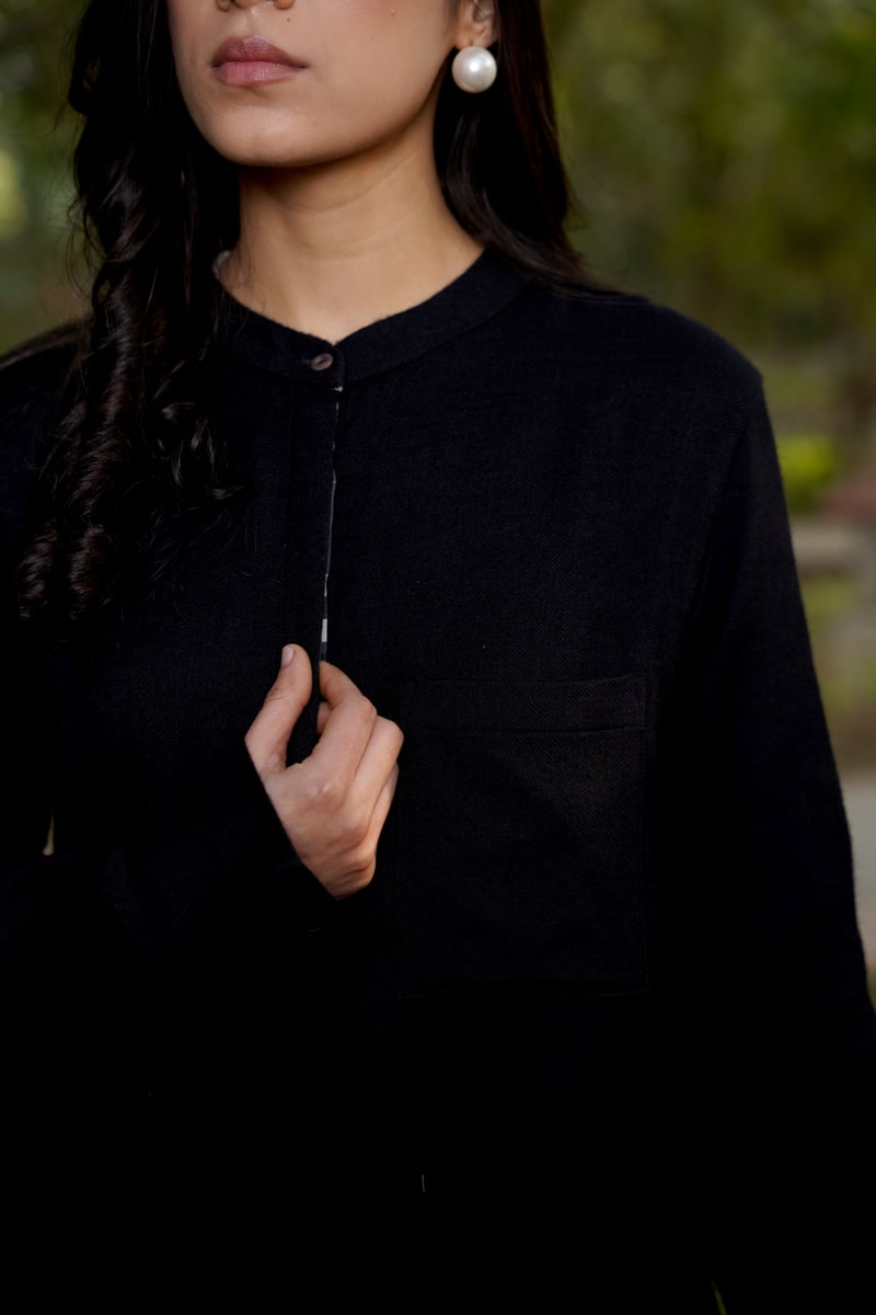 Black Merino Wool Kurta and Trousers Co-ord Set