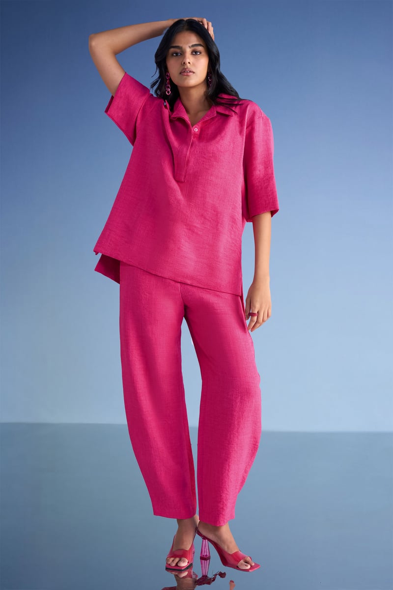 Fuchsia Straight Cut Linen-Blend Relaxed Trousers