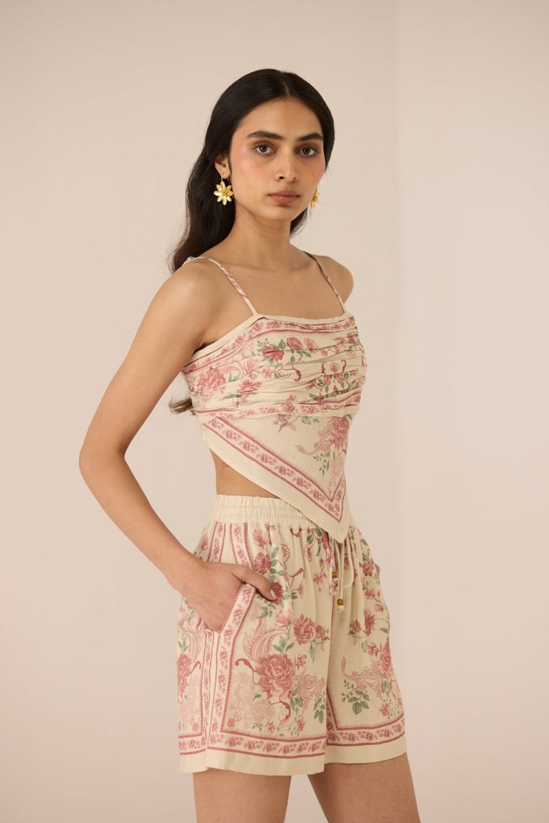 Azure Rose Floral Scarf Top with Smocked Back