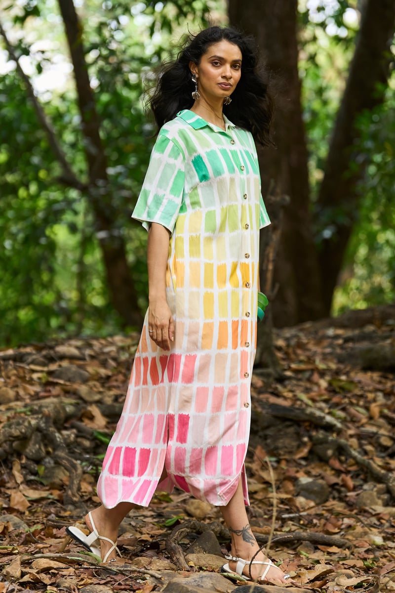 Multicolor Printed Midi Shirt Dress with Button-Down Front