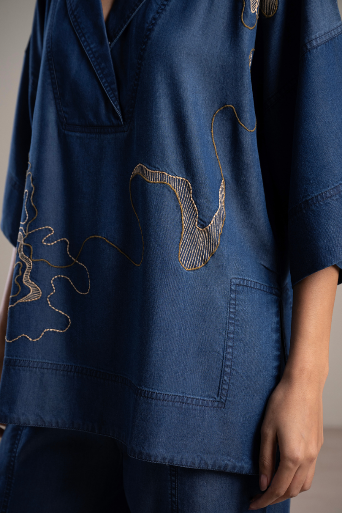 Blue Anti-Fit Lapel Shirt and Wide-Leg Pants Co-ord Set