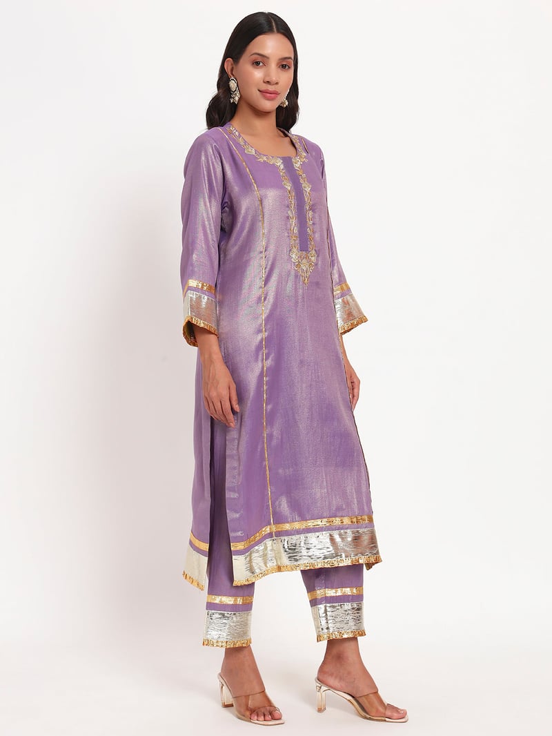 Lavender Cotton Tissue Straight Kurta Set with Gotta Work