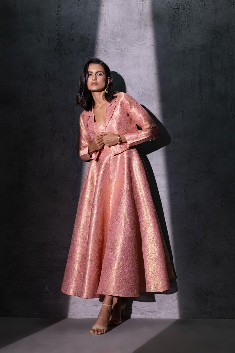 Pink Brocade Fit and Flare Midi Dress Set with Jacket
